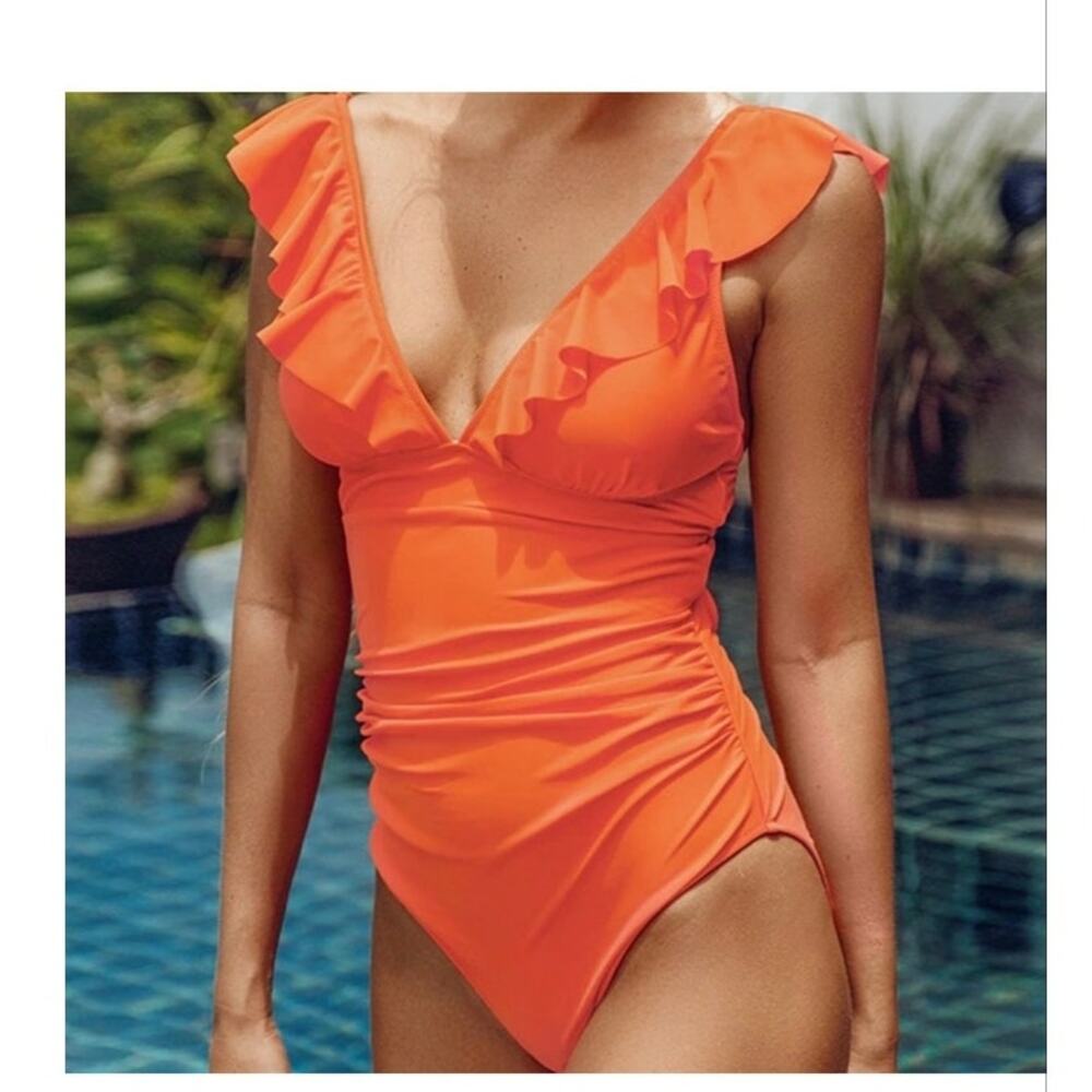 DKNY Ruffle Plunge Tummy Control One-Piece Swimsuit in Coral Size 6 NWT